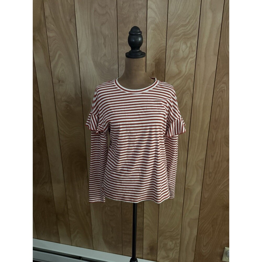 H&M red and white striped jersey top Long sleeves ruffles Sleeves Size Small‎